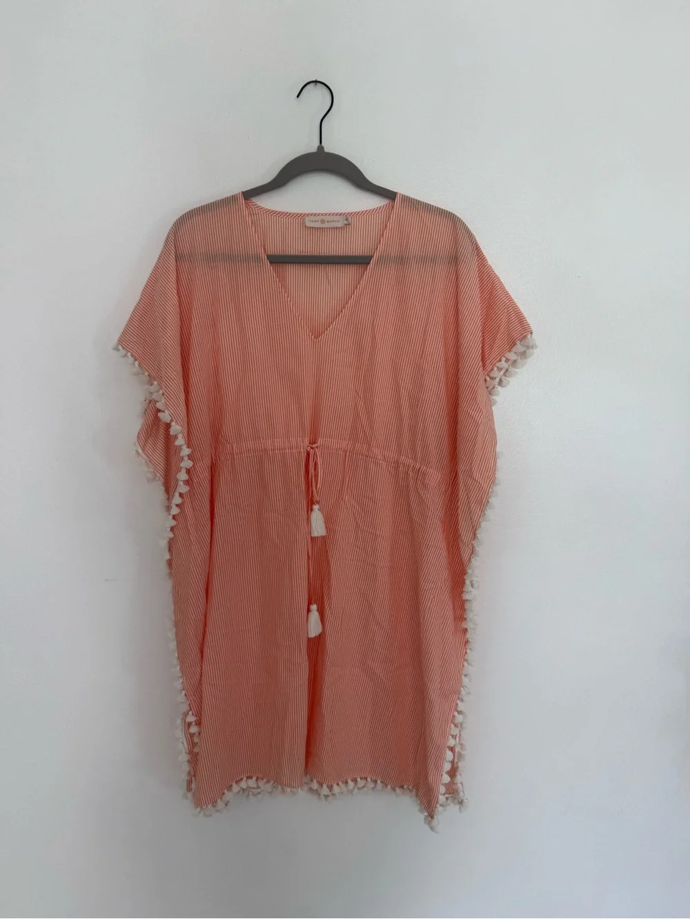 ✅ Tory Burch Dress Ravena Caftan Coverup Mini in Melon Orange Ivory Stripe